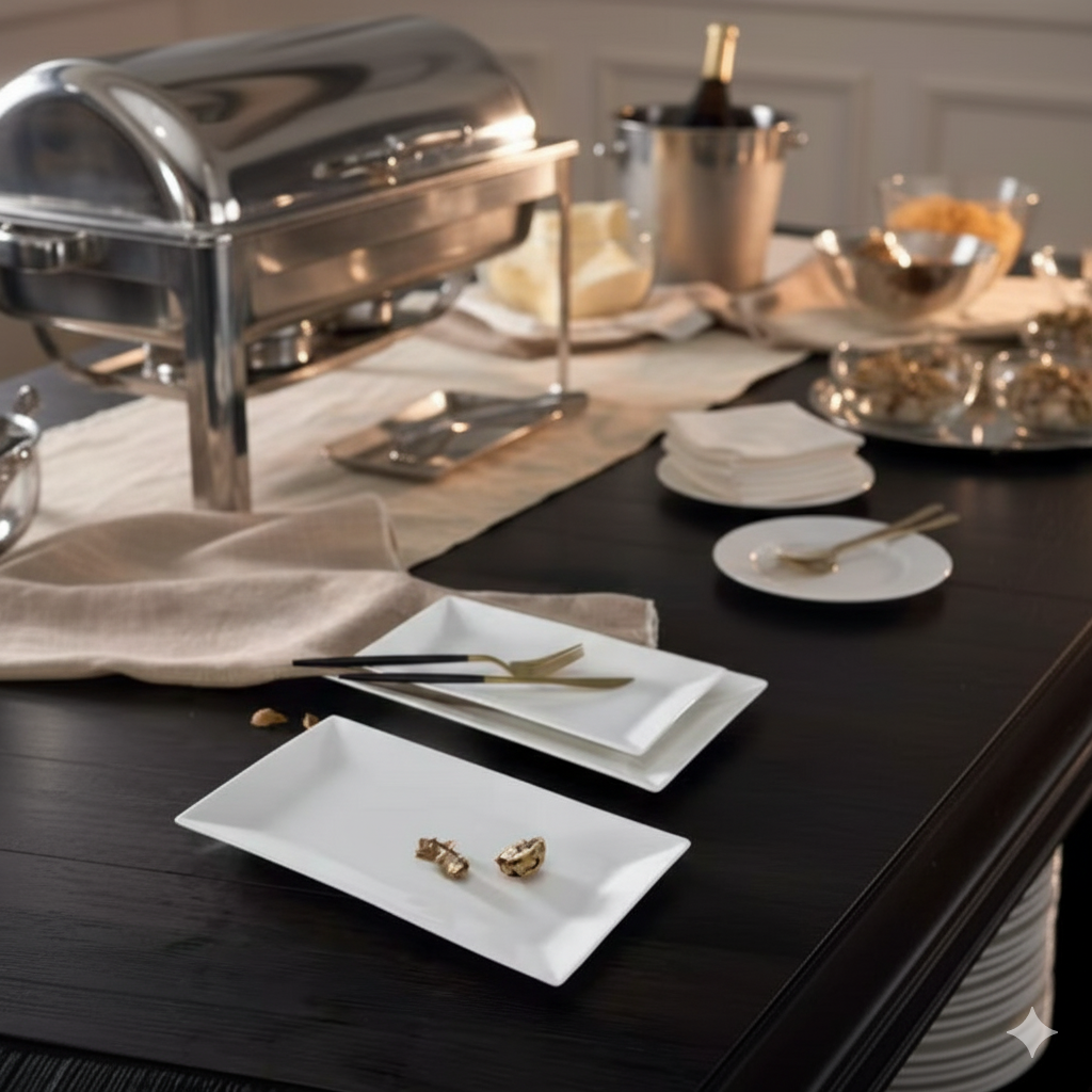 Three empty white ceramic rectangular serving platters stacked on a dark wooden table next to gold cutlery on a place setting, with a metal chafing dish in the background.