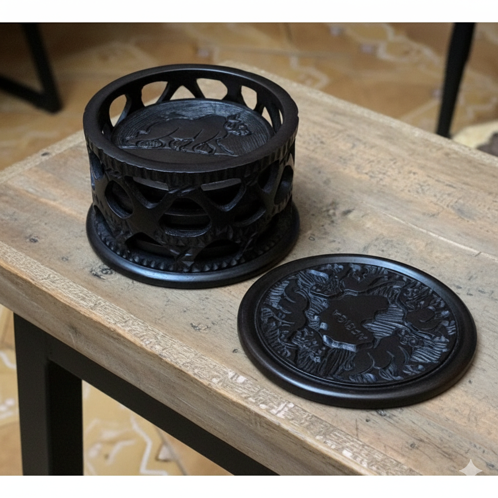 African Heritage Ebony 6Pc Coasters Set with Stand