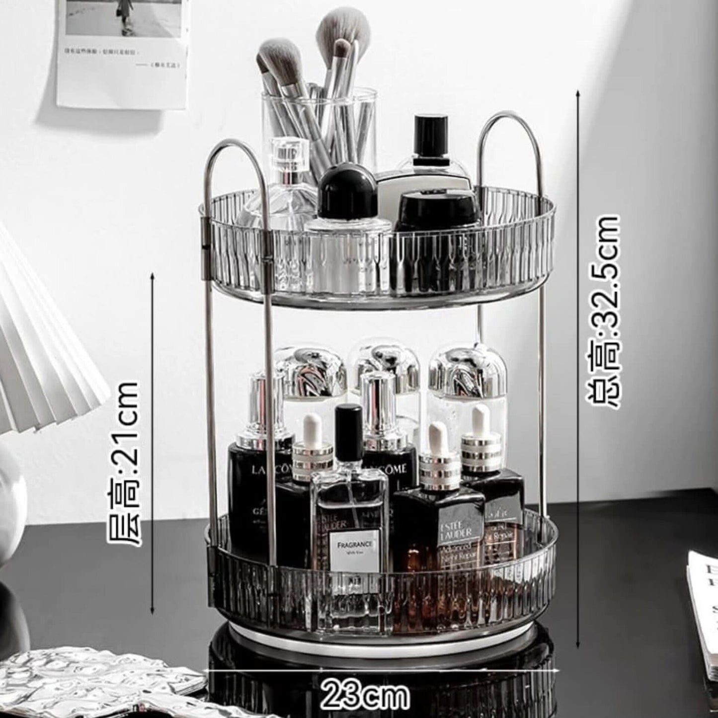 360 degree 2 tier rotating transparent makeup organizer