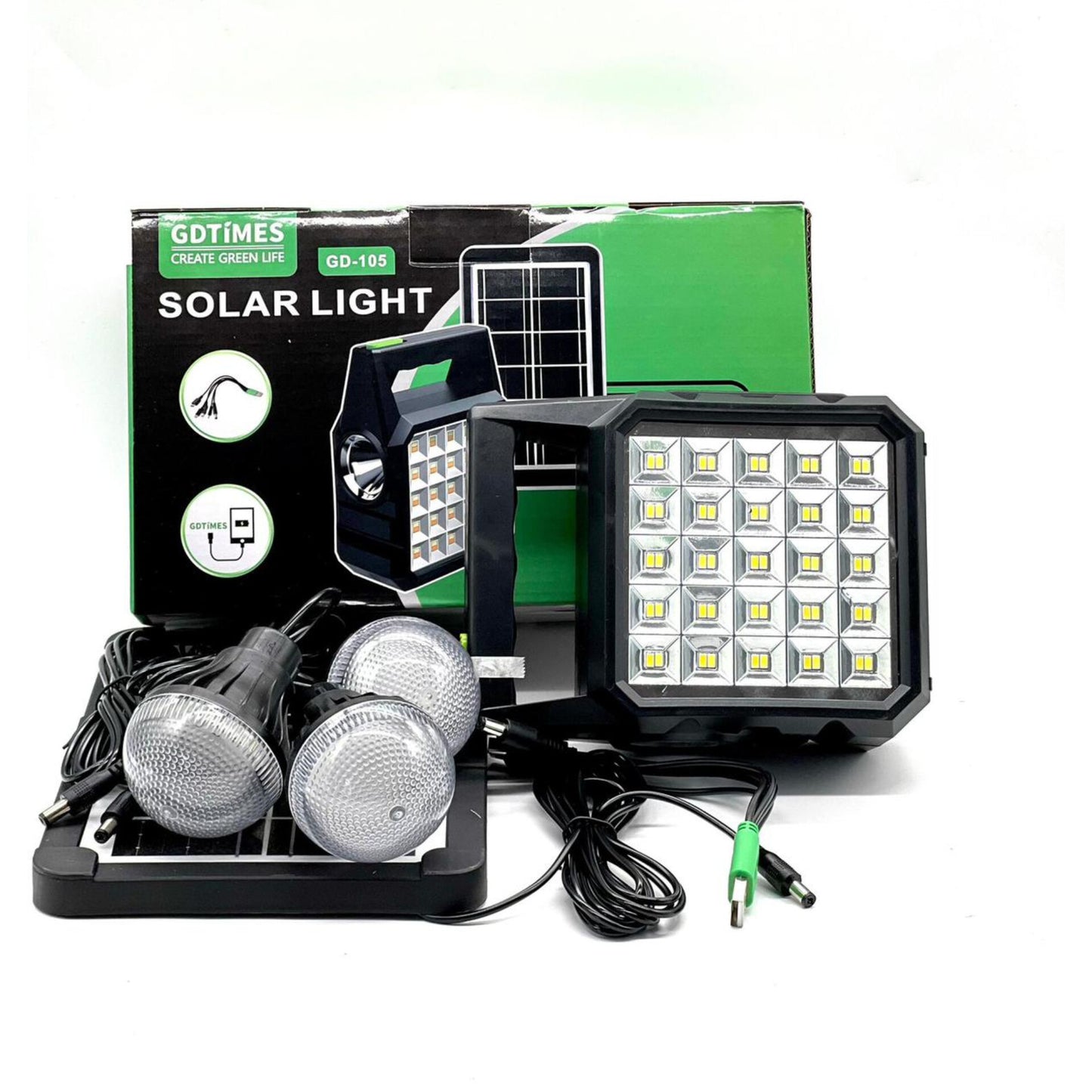 A solar lighting kit featuring a black battery unit, three bulbs, and a solar panel.