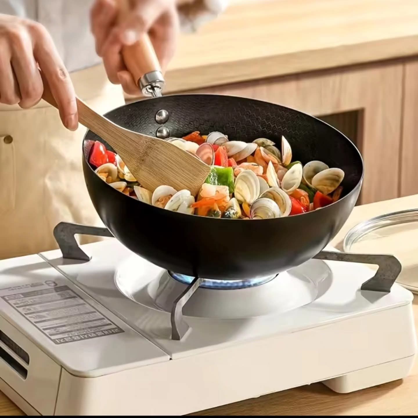 Non-Stick Coated Deep Round Serving and Cooking Pan with Wooden Handle