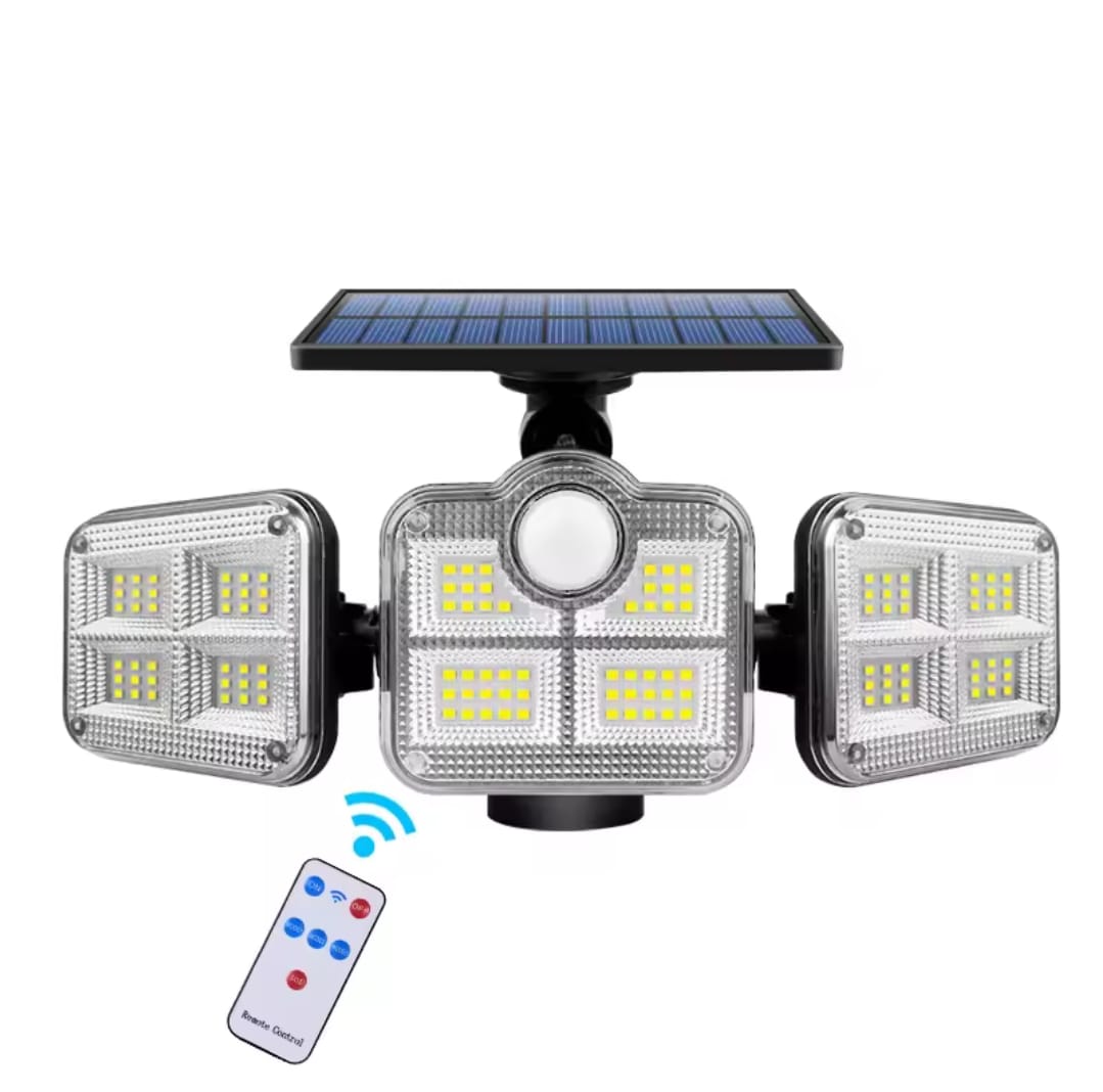 A three head solar wall lamp with a top mounted solar panel and a small remote control.