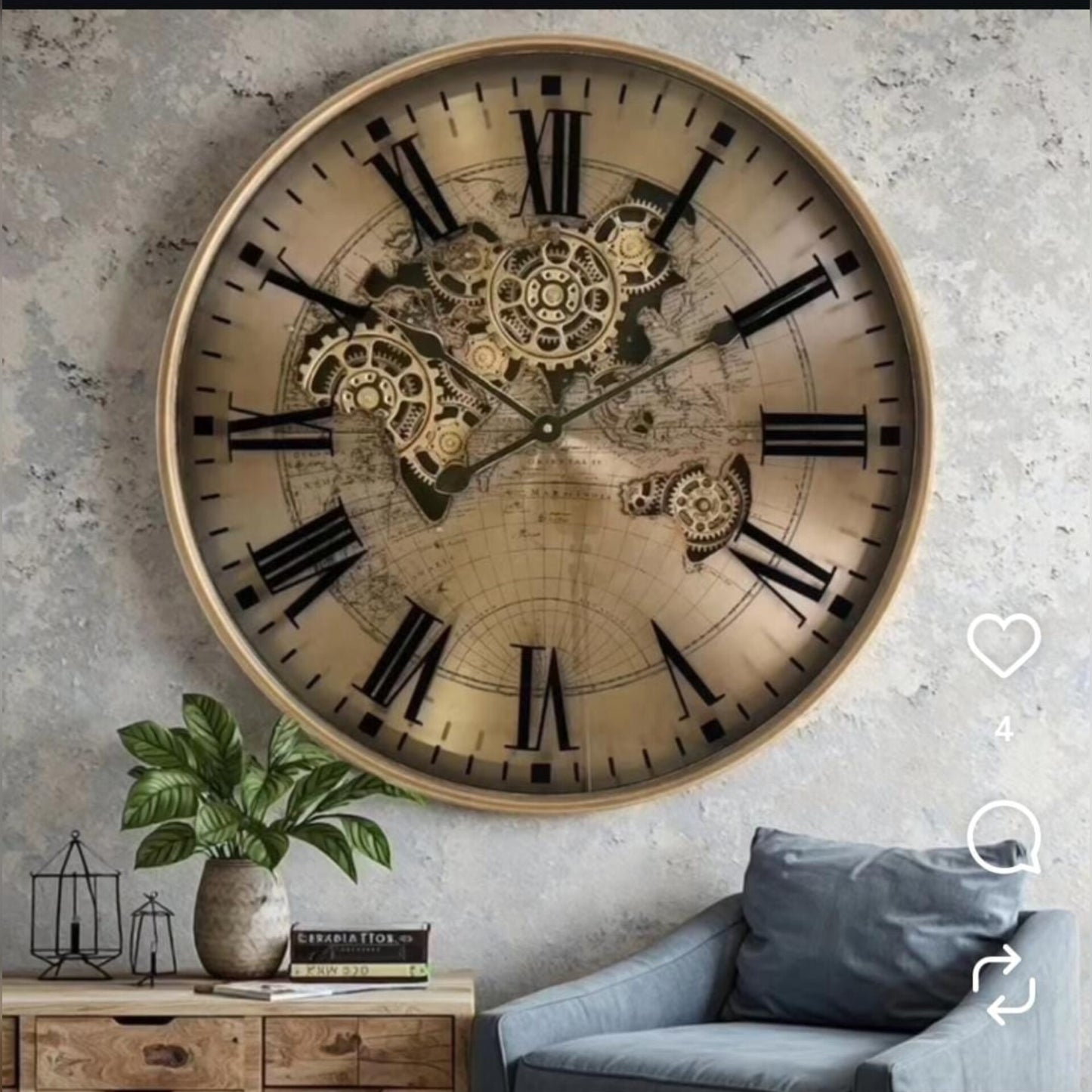 60cm Round Vintage Gear Clock With Retro Mechanical Design