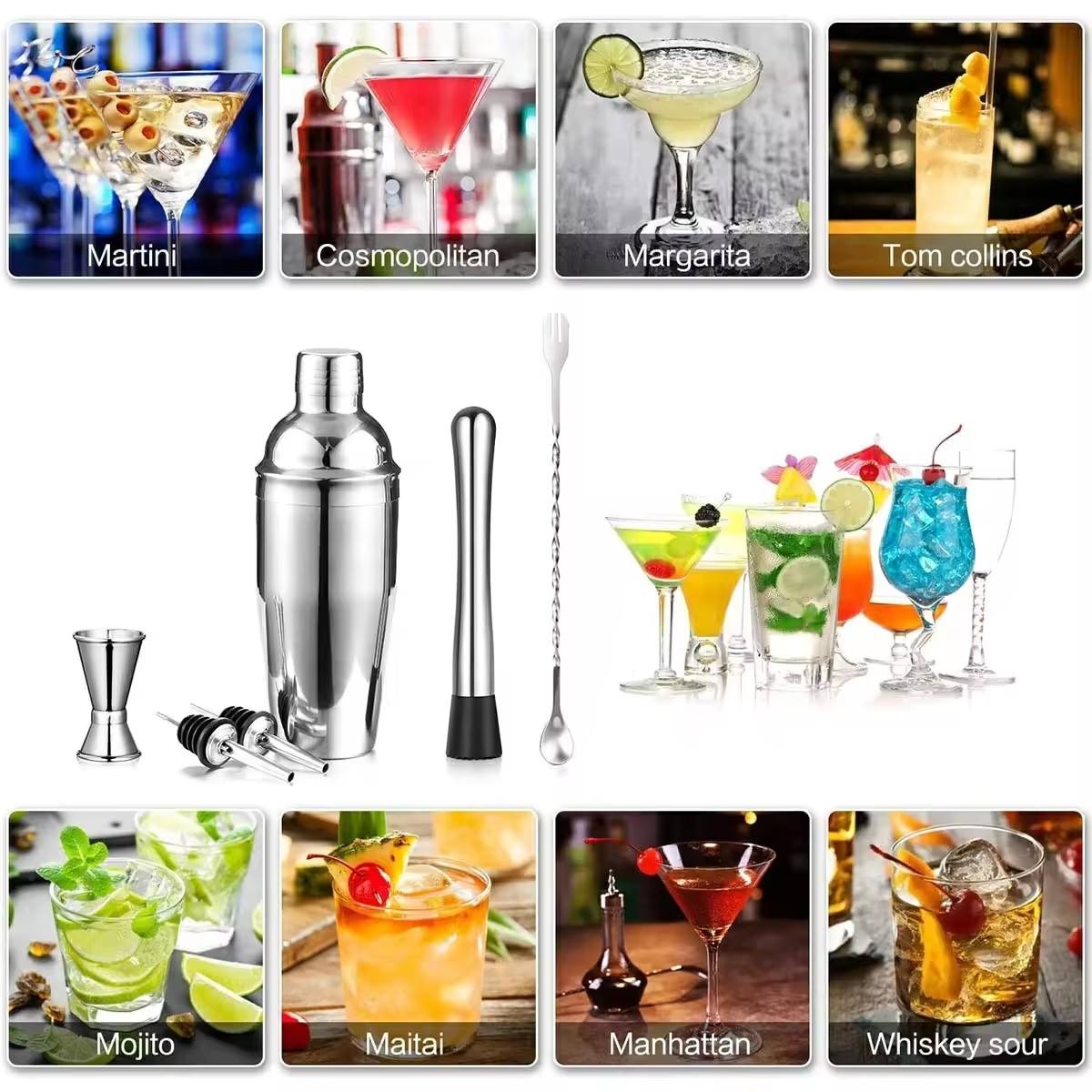Six Piece Stainless Steel Cocktail Shaker Set 550ml