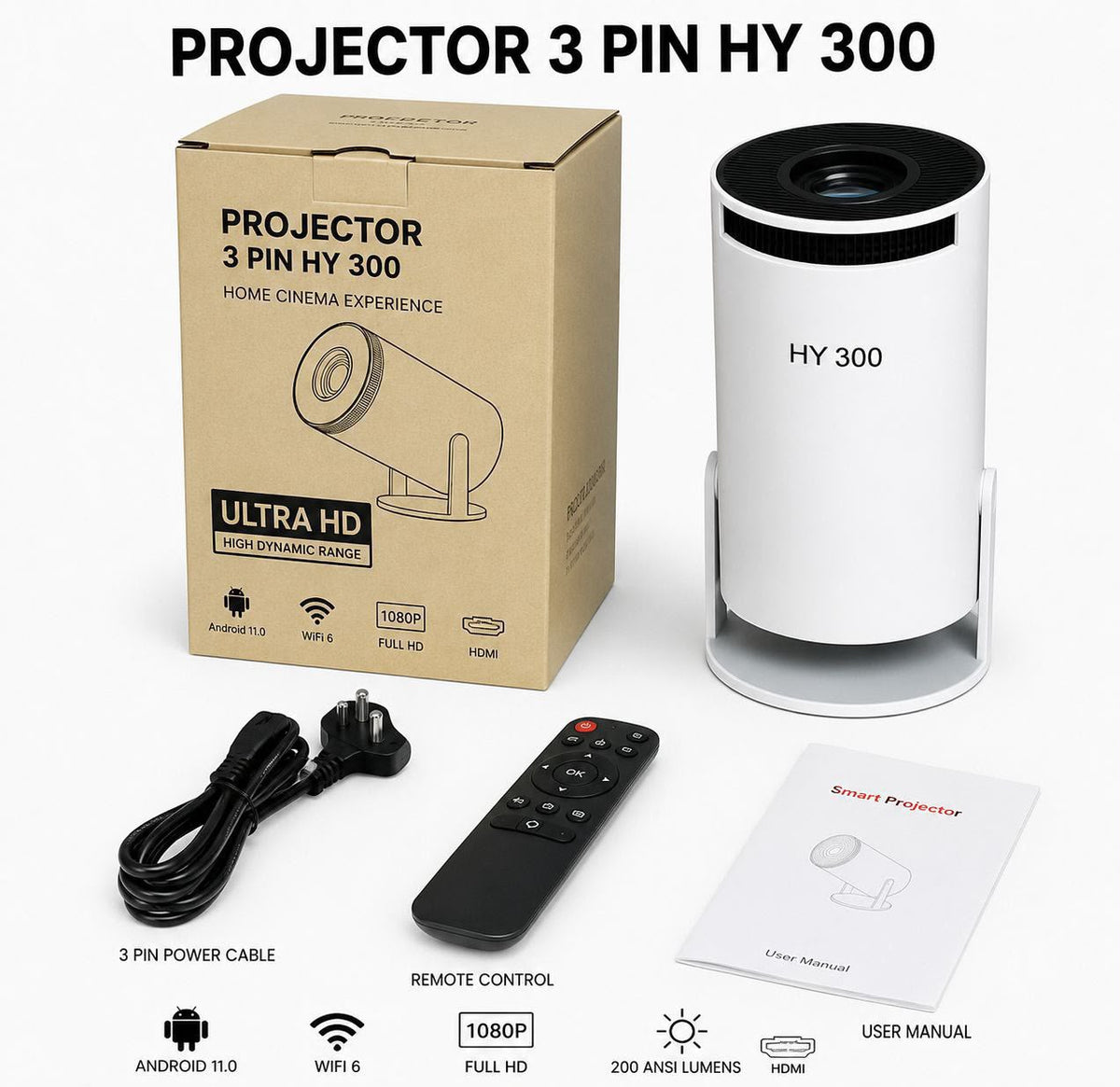 HY 300 Smart Mini Projector with remote