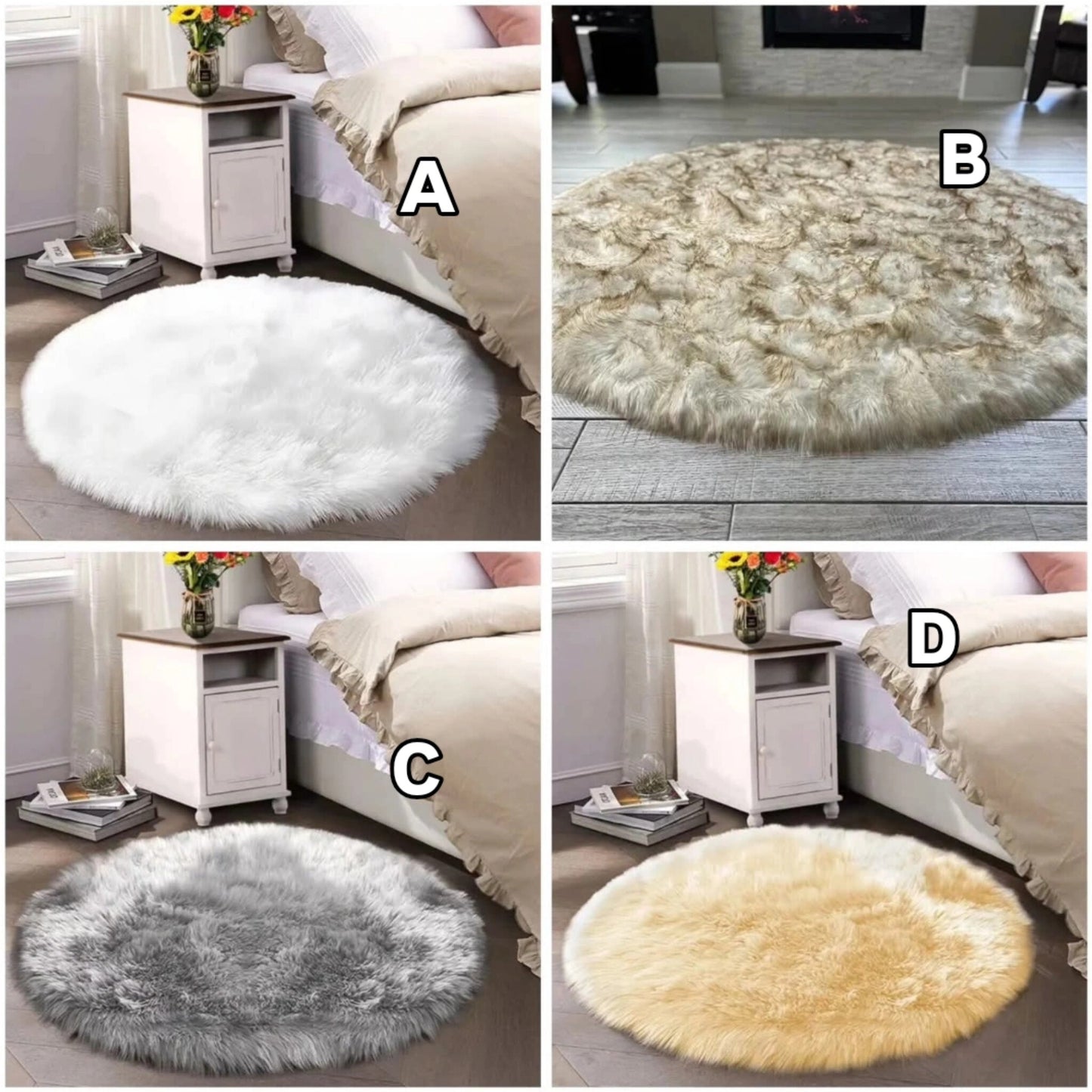 Round Fluffy Shaggy Bedside Area Carpet