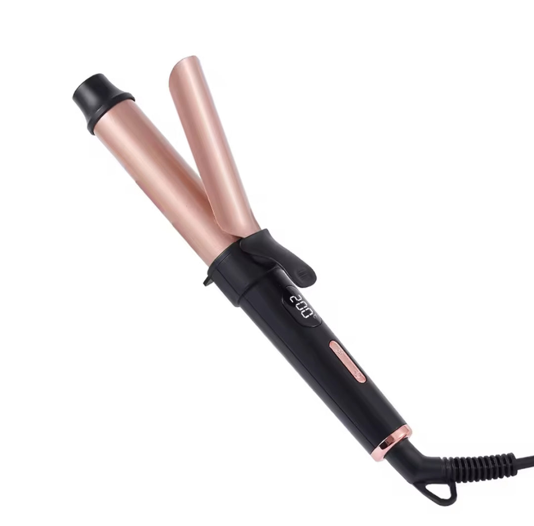 Black and rose gold hair curling tongs with an LCD screen displaying the temperature.