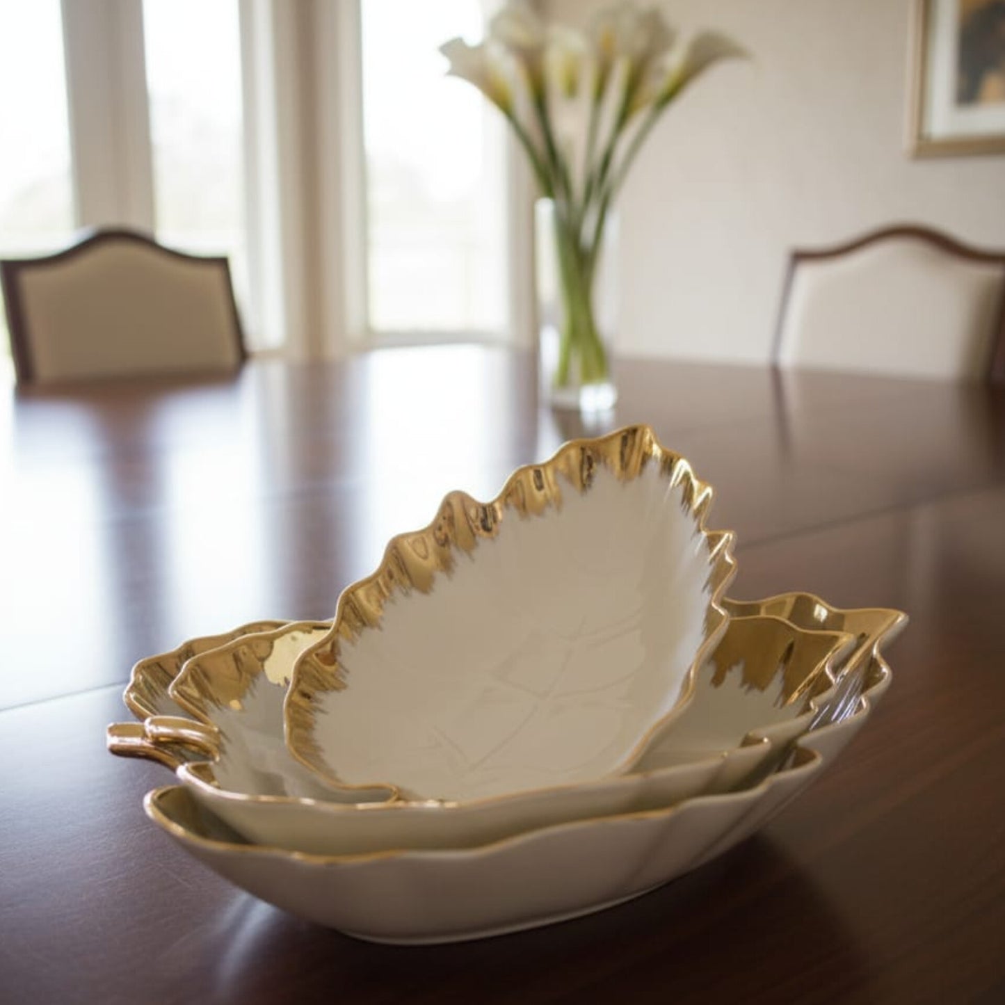 Elegant 3-Piece Ceramic Gold Leaf Serving Bowl Set