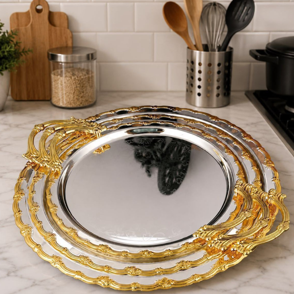 3Pcs Round Gold Plated Serving Tray Set
