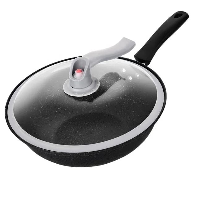 Black 32 cm non stick wok pan with clear glass lid