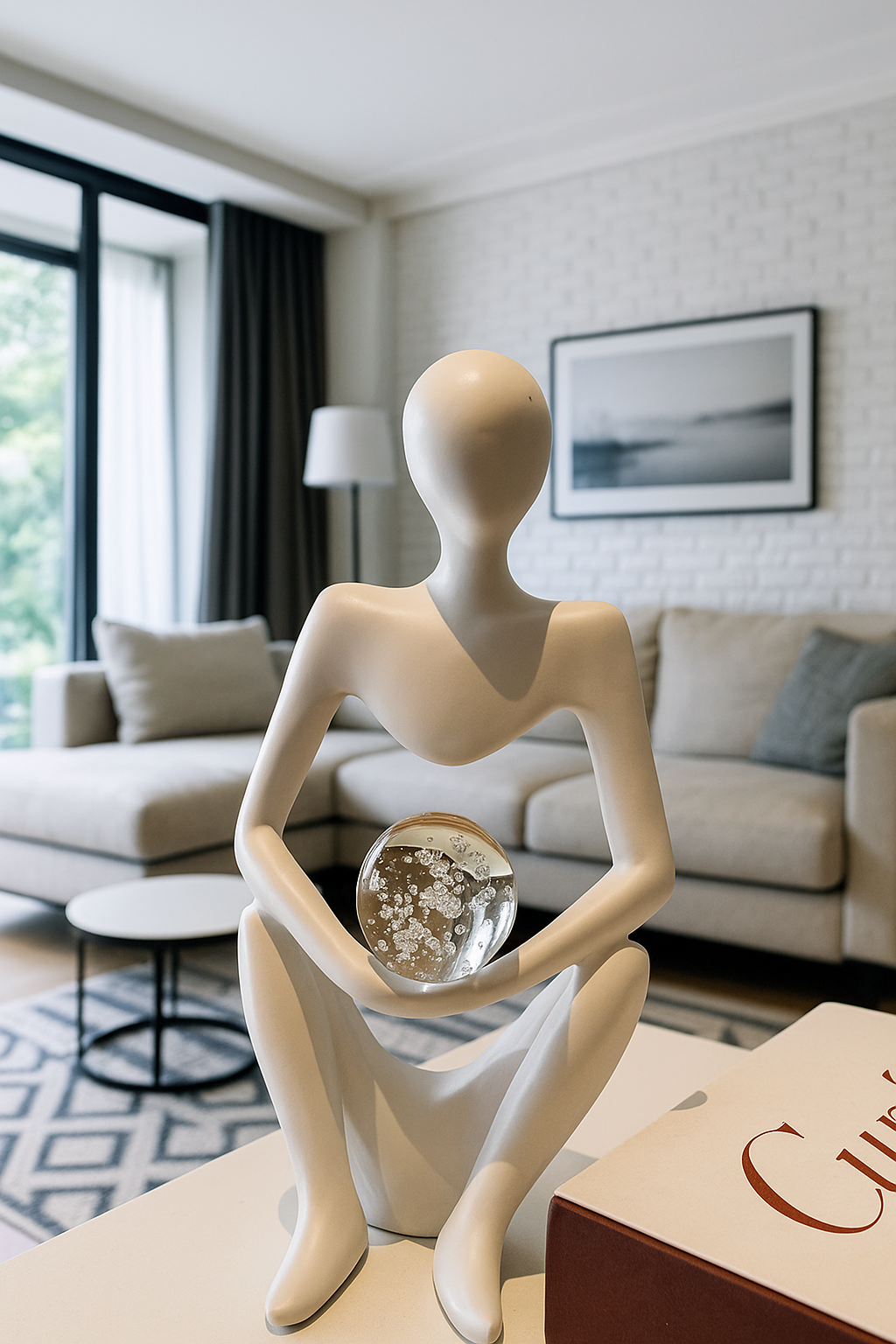 Large white, faceless modern sculpture of a person sitting cross-legged, holding a clear, bubbly glass sphere, set against a blurred background.