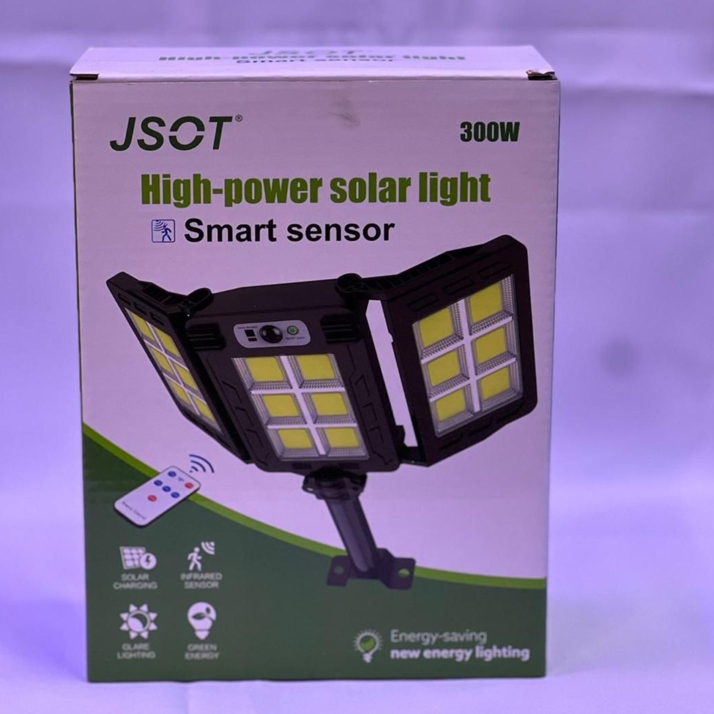 A 300W foldable high power smart sensor solar light and a remote control.