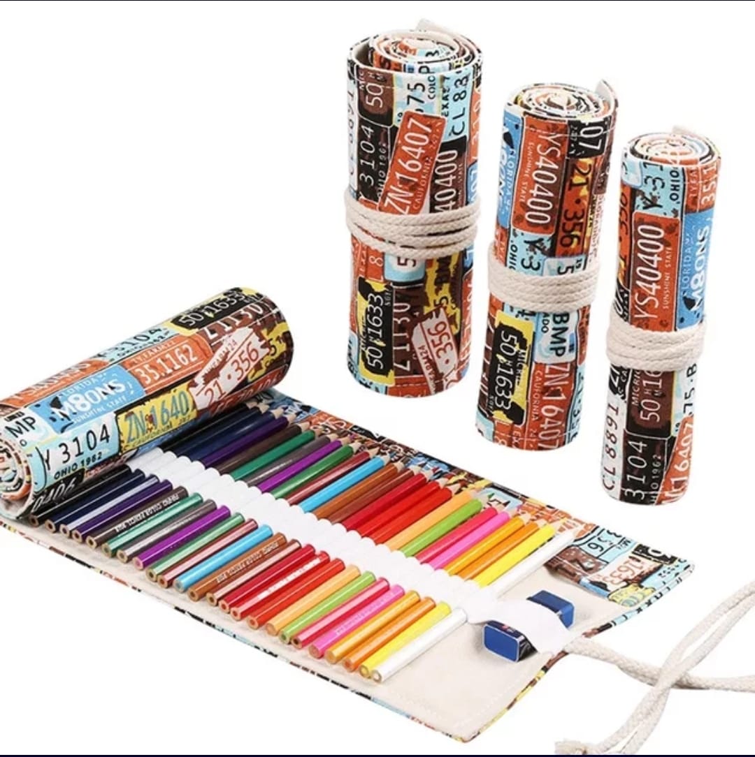 Roll-Up Canvas Pencil Wrap with Vintage License Plate Design