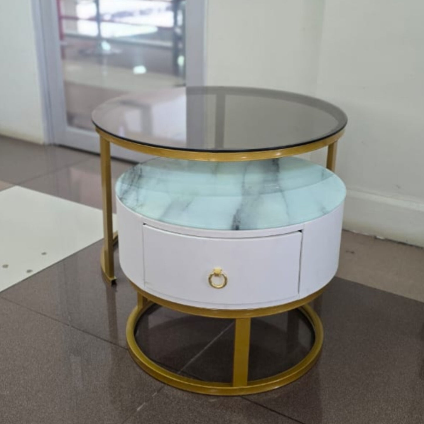 Luxury Round Glass Top Coffee Table with Marble-Look Drawer