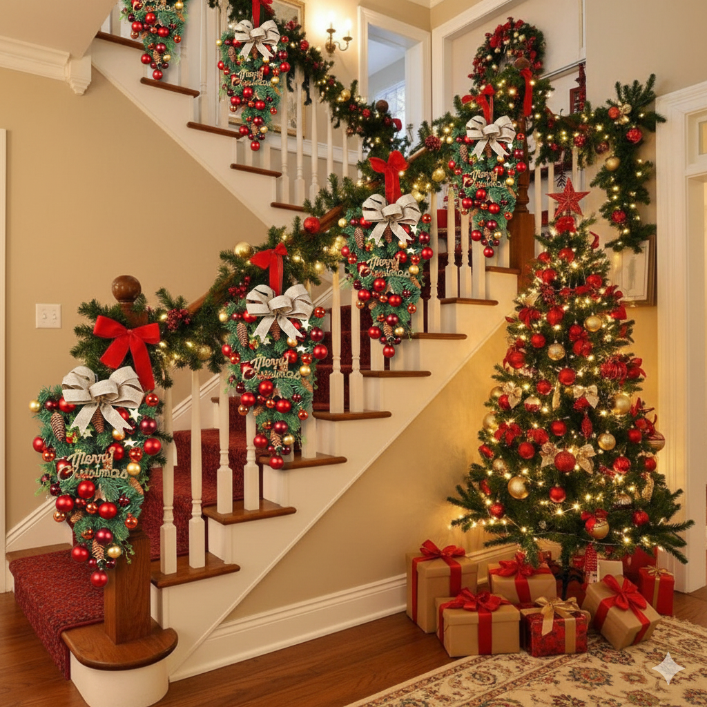 Christmas Red Stairway Wreath and Door Wreath Christmas Decorations