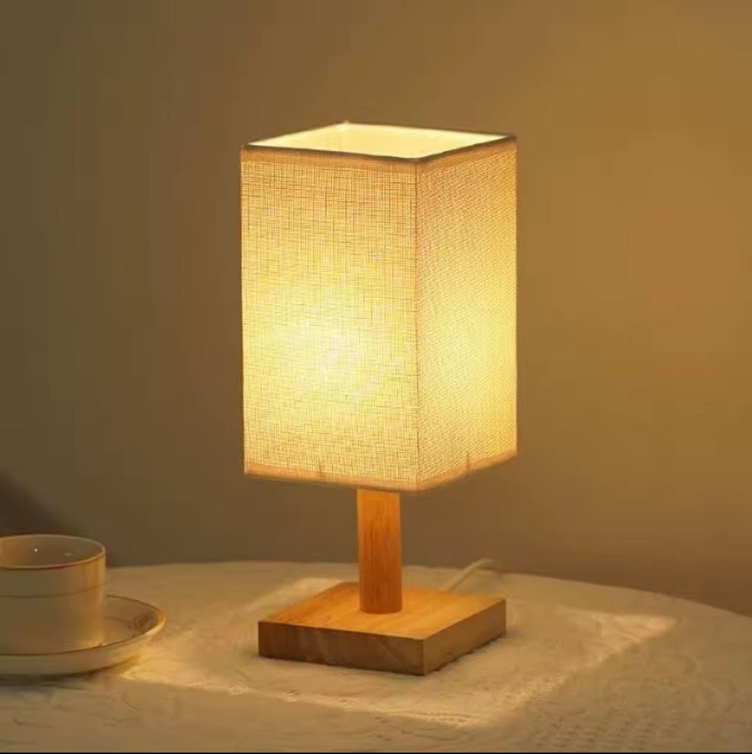 Square Fabric Bedside Table Lamp with Wooden Base