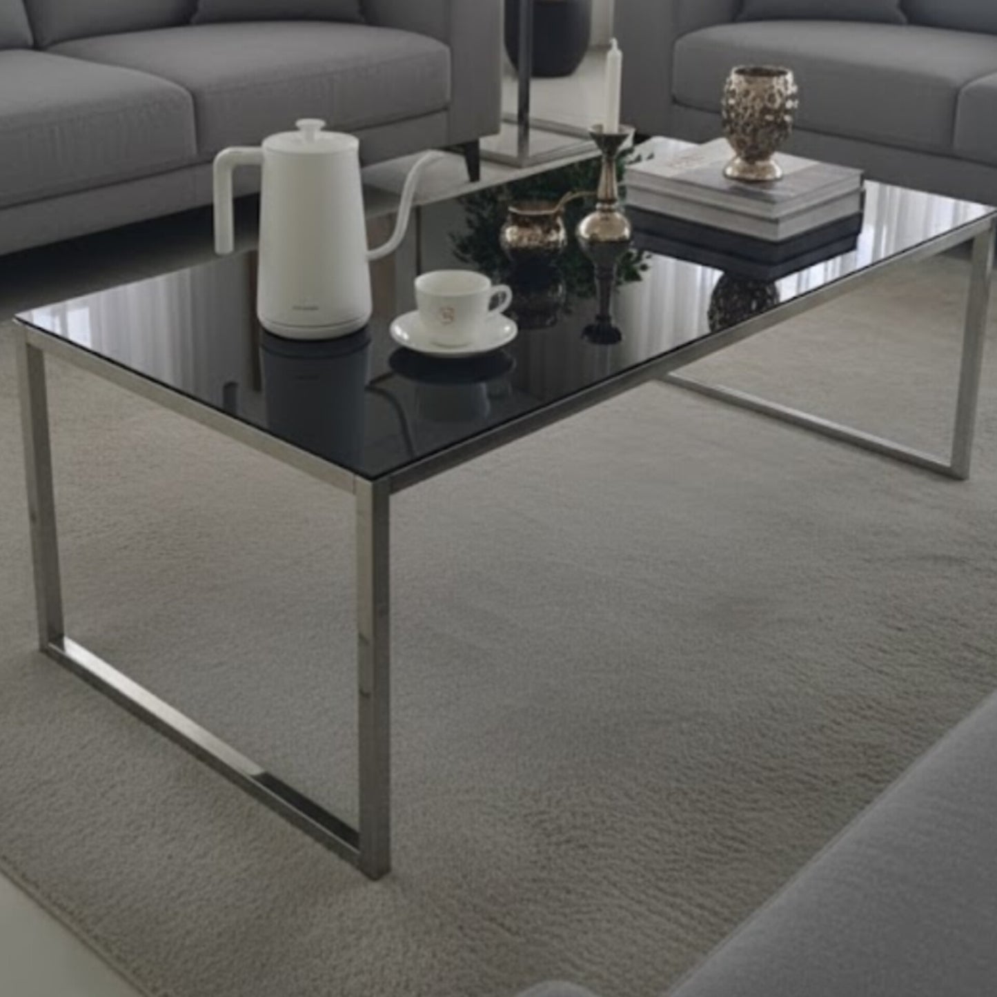 Modern Rectangular Coffee Table with Black Glass Top