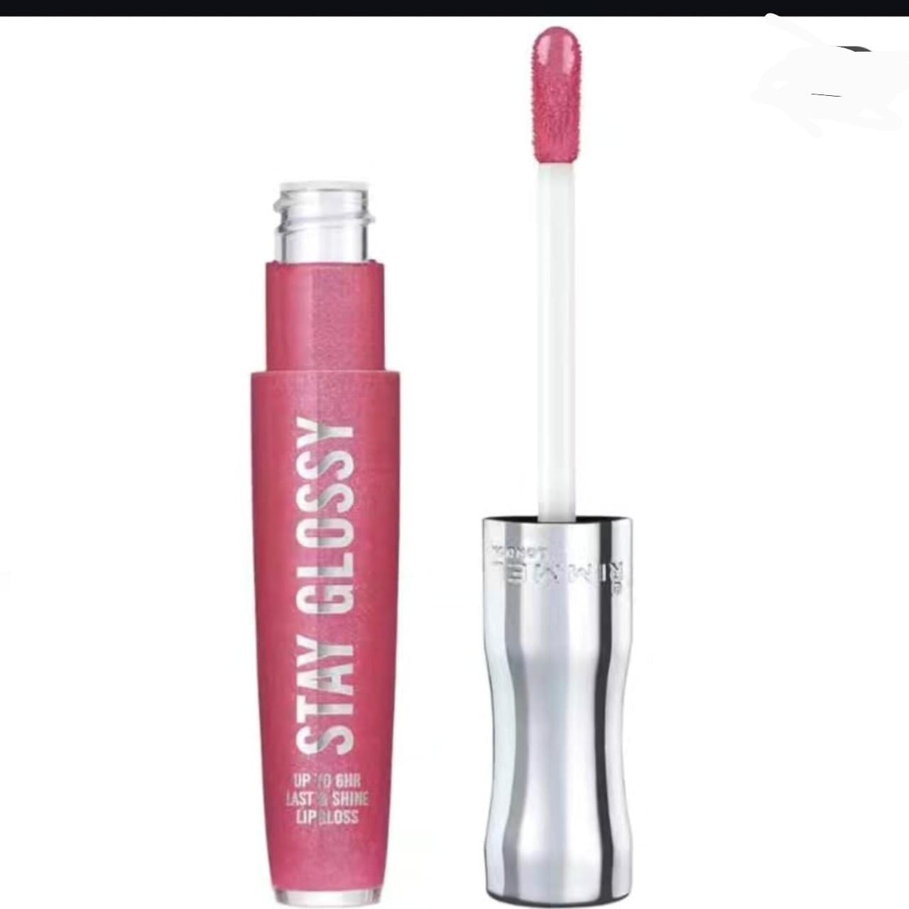 A tube of Rimmel Stay Glossy pink lip gloss standing upright next to its applicator wand with pink gloss on the tip.