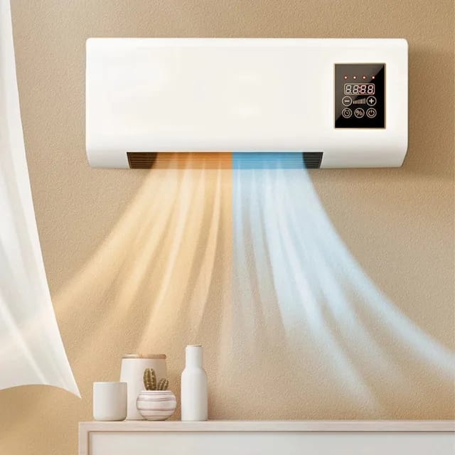 White wall-mounted air conditioning and heating unit with a digital display.