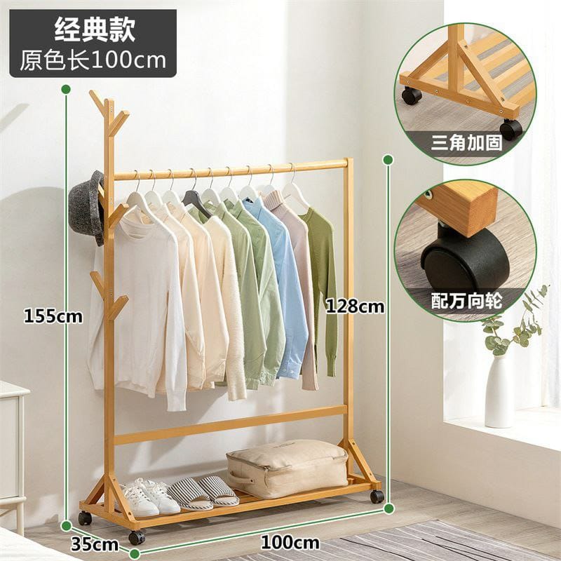 Natural Bamboo Mobile Garment and Coat Rack with Storage Shelf