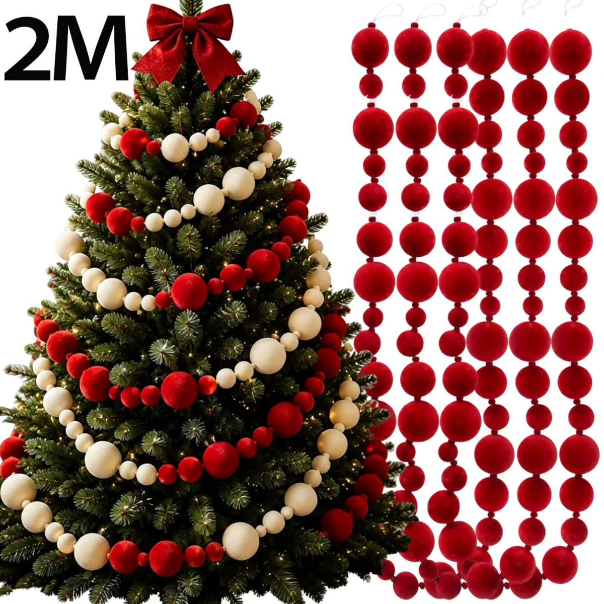 2M Christmas Red White Velvet Ball Christmas Decor Garland