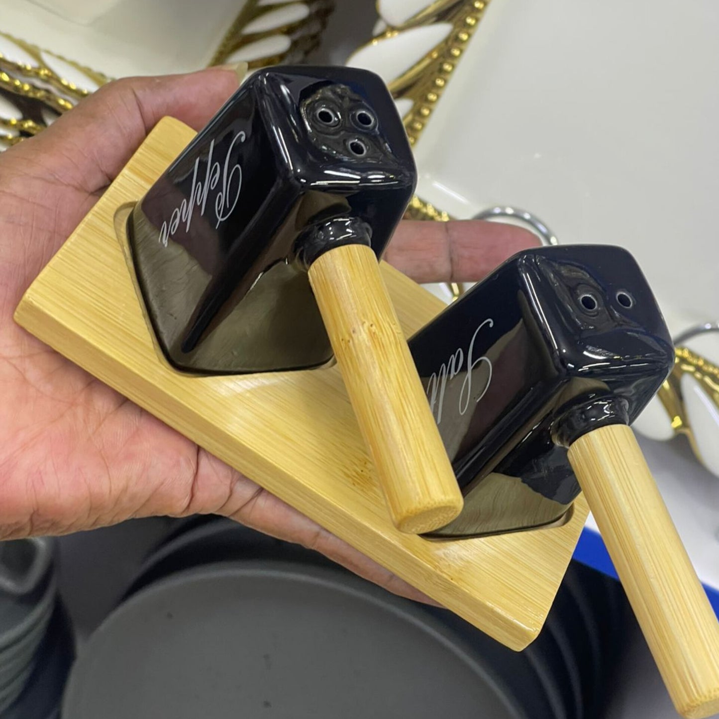 Double Salt and Pepper Shaker Set with Bamboo Stand