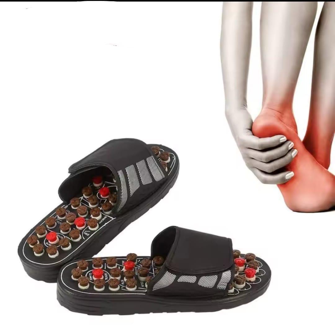 A pair of black acupressure massage flops with brown and red nodes next to an image highlighting pain relief in a person's heel and ankle.