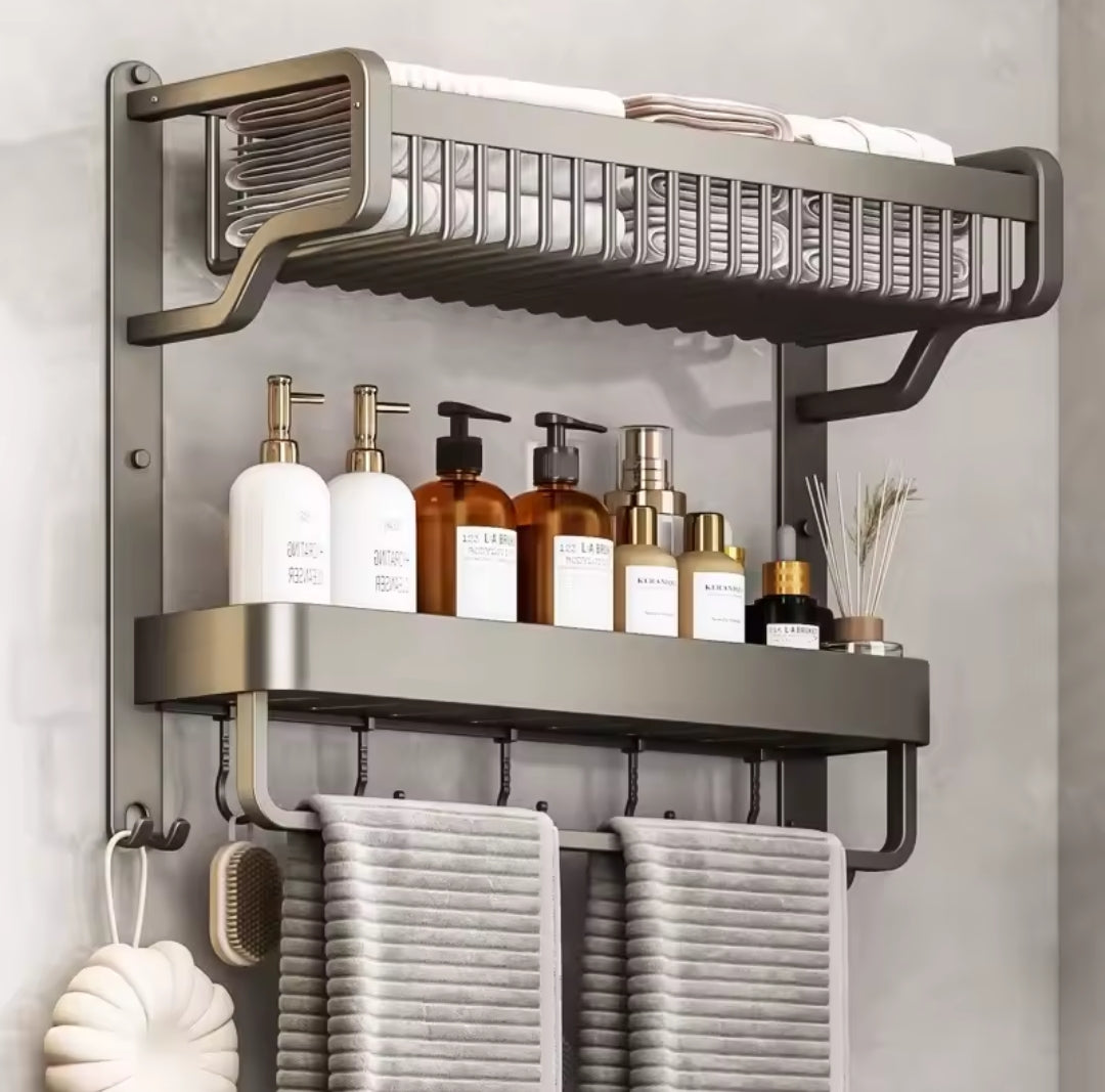 Dark gray 2-tier wall-mounted aluminum bathroom rack.