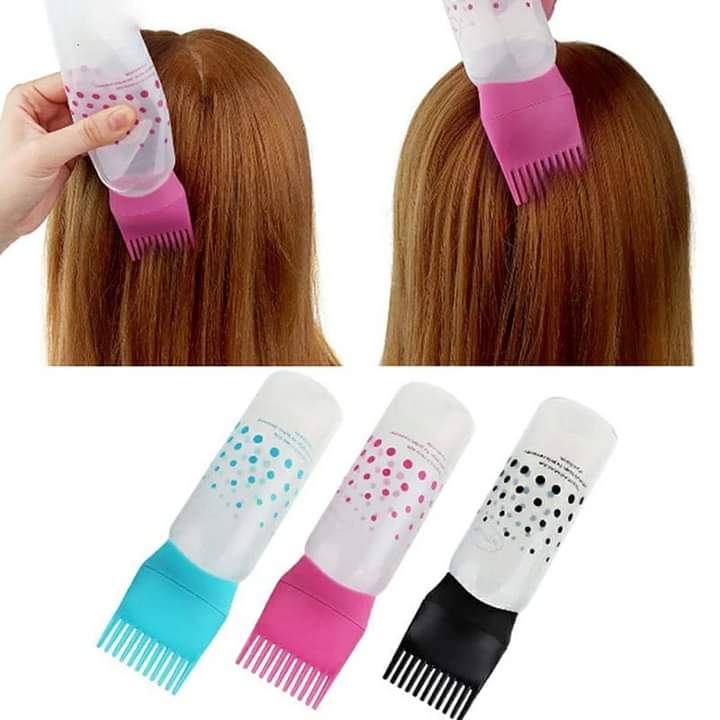 Three transparent refillable squeeze bottles with comb applicators in blue, pink, and black, for applying hair dye or oil directly to the hair roots.