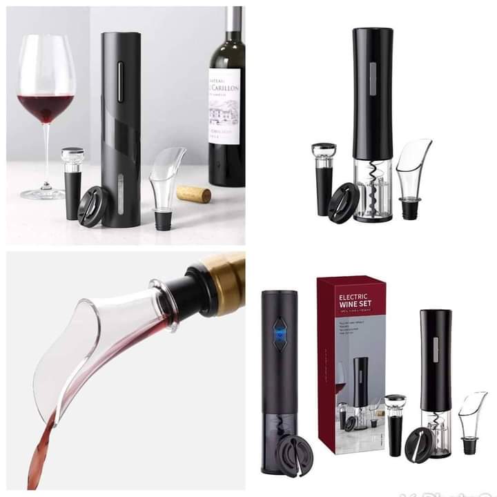 A set of electric wine opening devices, including a wine opener, aerator, and stoppers, displayed alongside a glass of red wine.