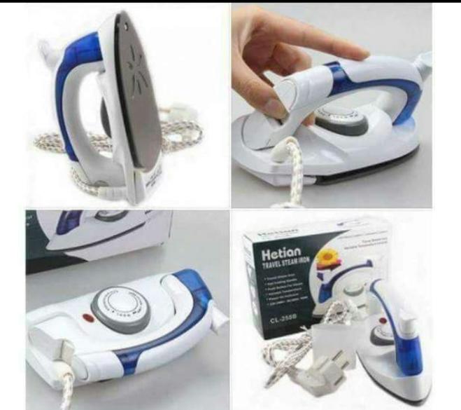 white and blue travel iron