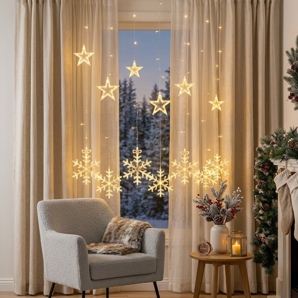 2M LED Warm White Snowflake Curtain Fairy String  Lights
