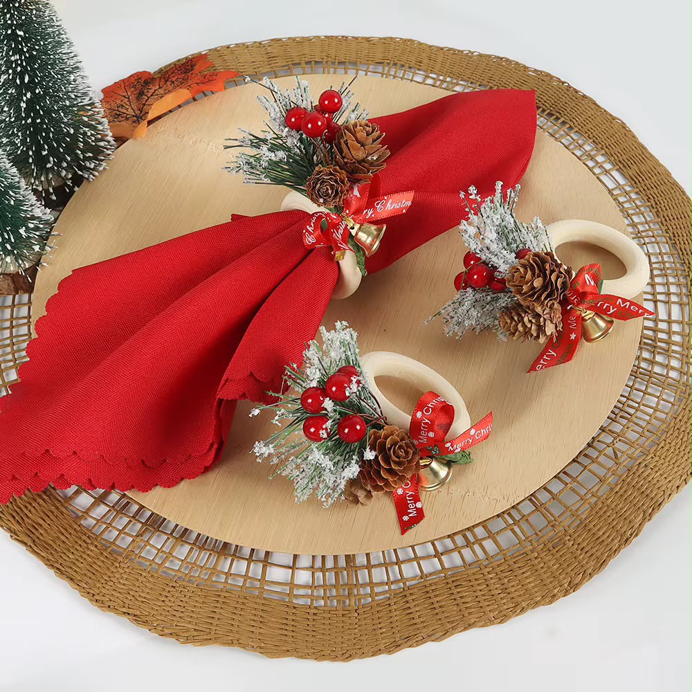 6Pc Christmas Cedar Red Fruit Wooden Napkin Rings