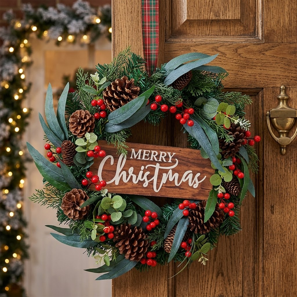 50cm Christmas Door Wreath with Cones, Berries and Leaves