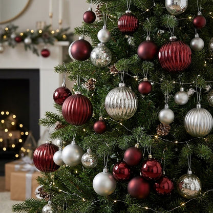 26Pcs Burgundy and Silver Christmas Decor Balls Set