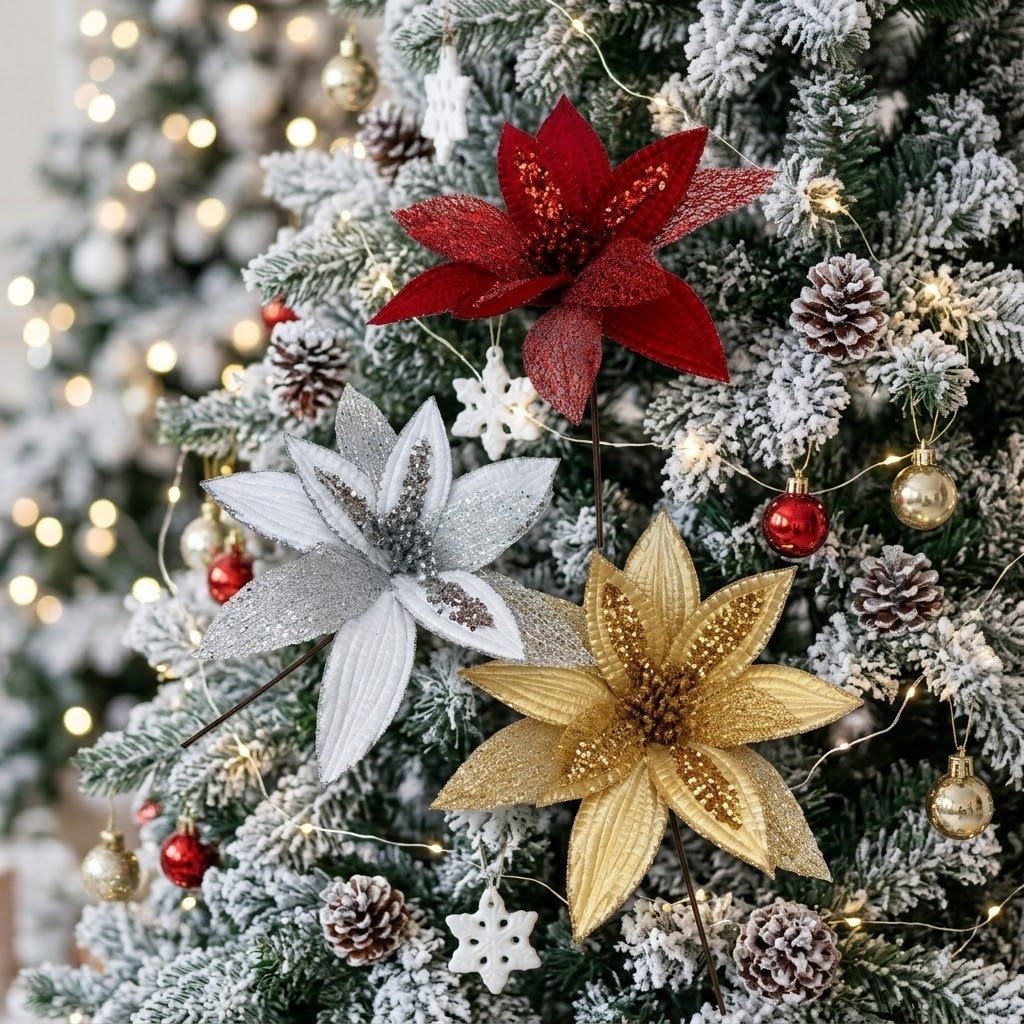 3Pc Christmas Glitter Flower Decor Set
