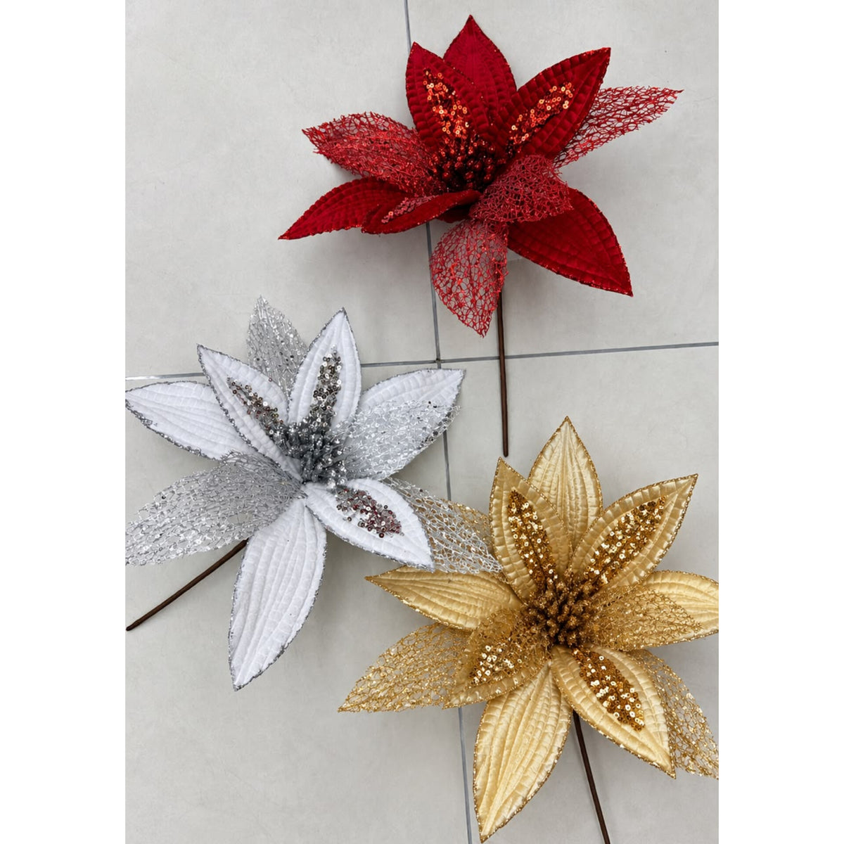 3Pc Christmas Glitter Flower Decor Set