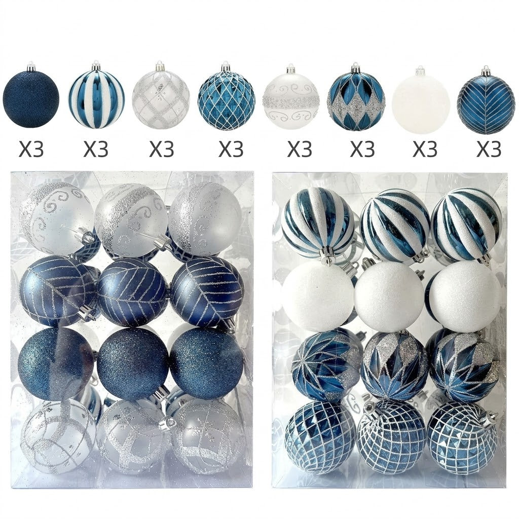 24 Pc Navy Blue and White Christmas Tree Decor Balls Set