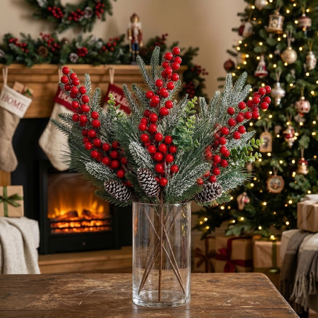 5Pcs 35cm Frosted Christmas Berries Decor Stems