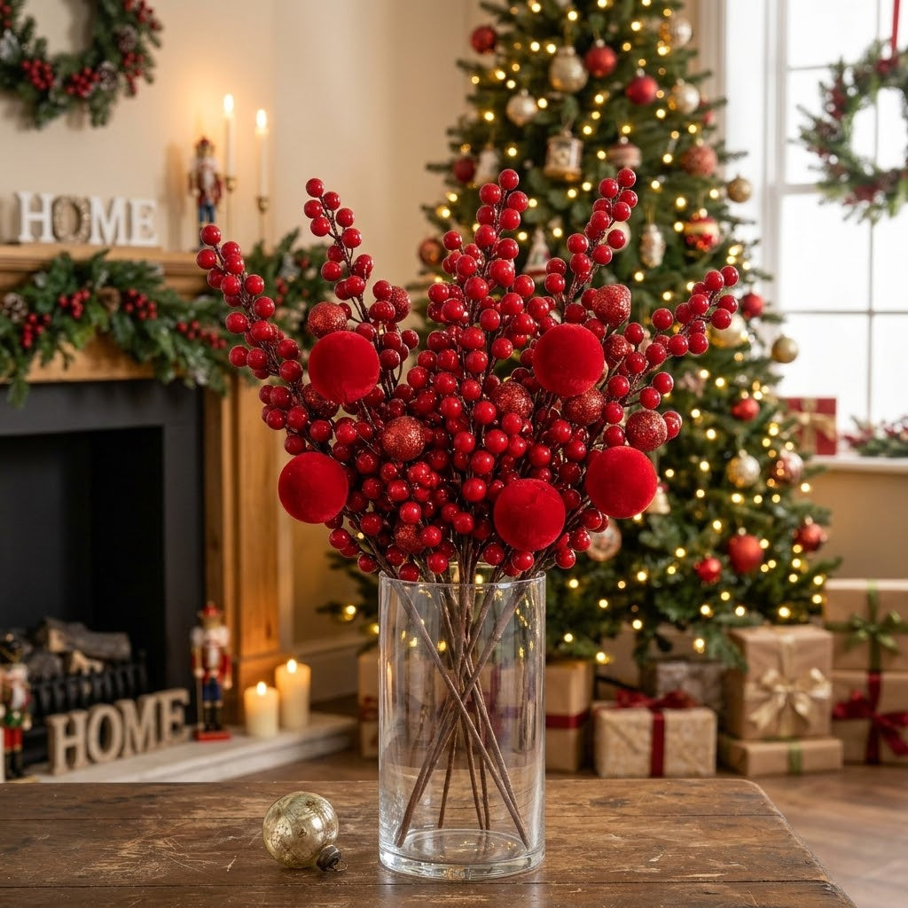 4Pcs 40cm Christmas Decorative Berries  Stems with Velvet Balls