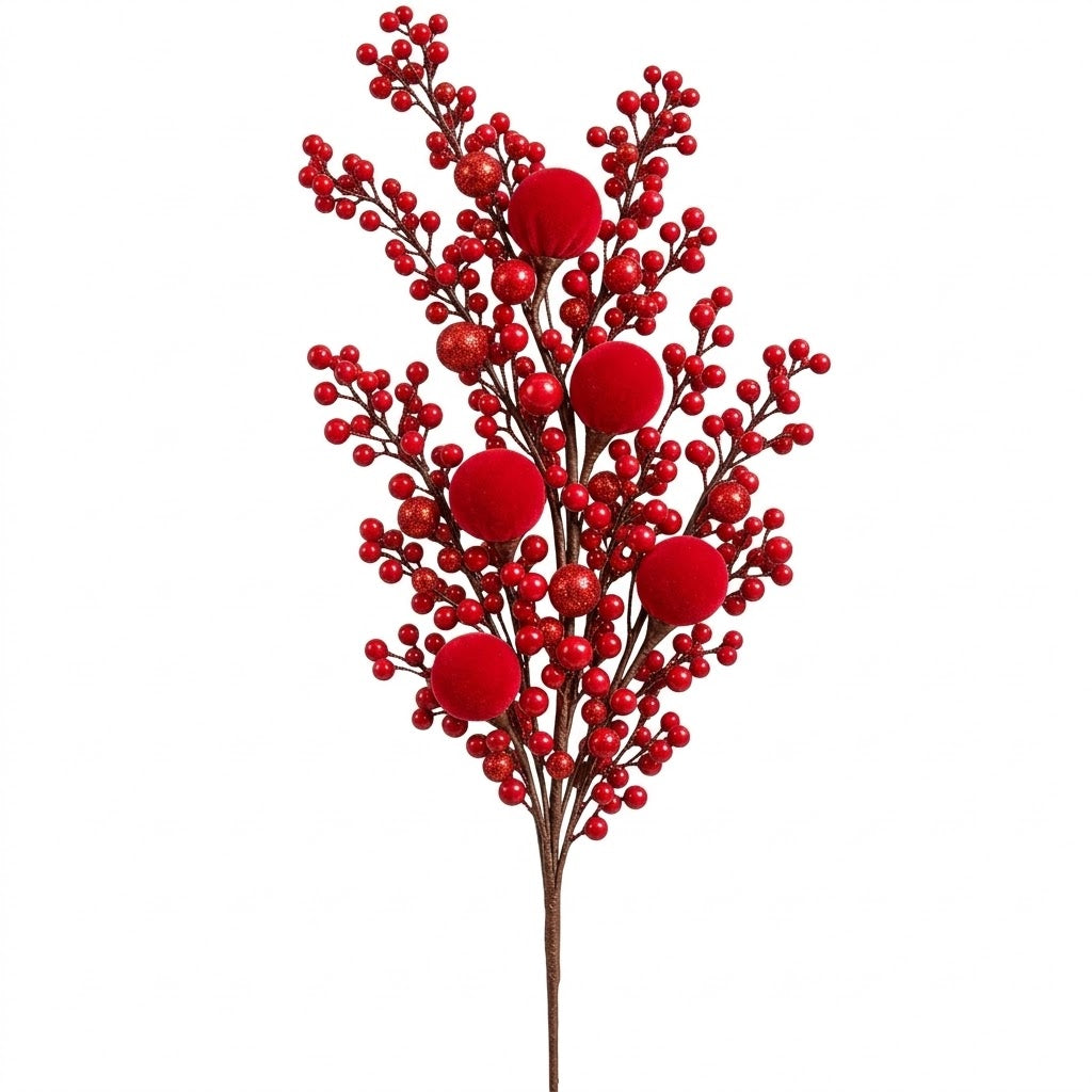 4Pcs 40cm Christmas Decorative Berries  Stems with Velvet Balls