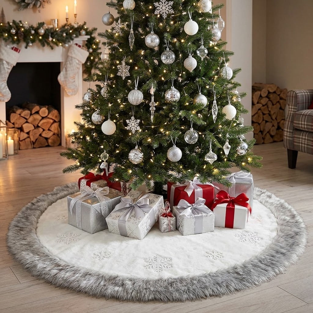 100cm Faux Fur Trimmed Snowflake Christmas Tree Skirt