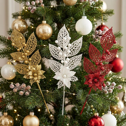 4Pc 25cm Glitter Christmas Tree Decor Floral Picks