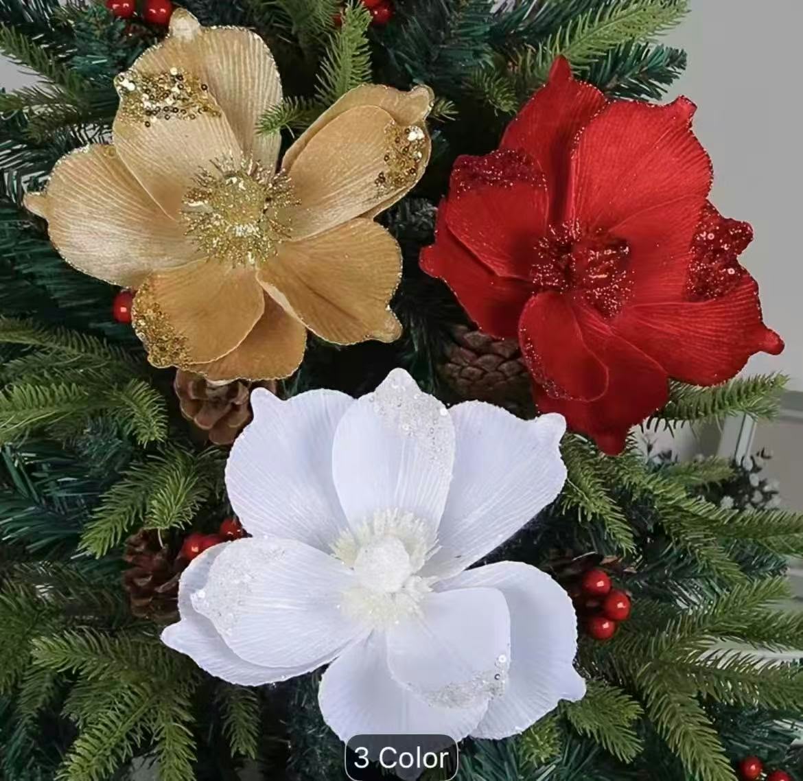 3 Pcs Glitter Christmas Decor Flowers