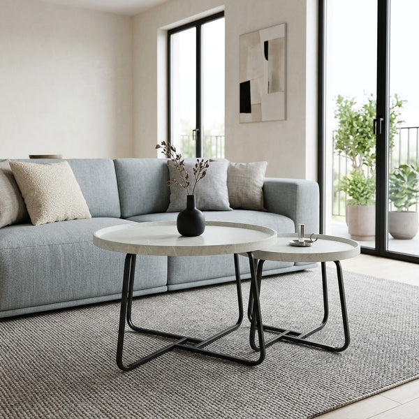 2Pc White Marble Texture Round Nesting Coffee Table
