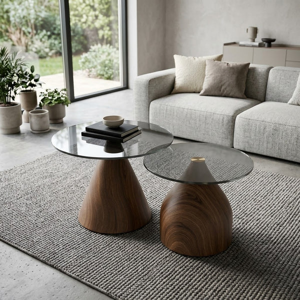 2 Piece Glass and Wood Nesting Side Table Set