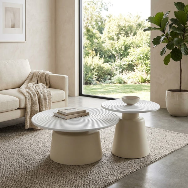 2 in 1 Cream White Round Spiral Nesting Coffee Table Set