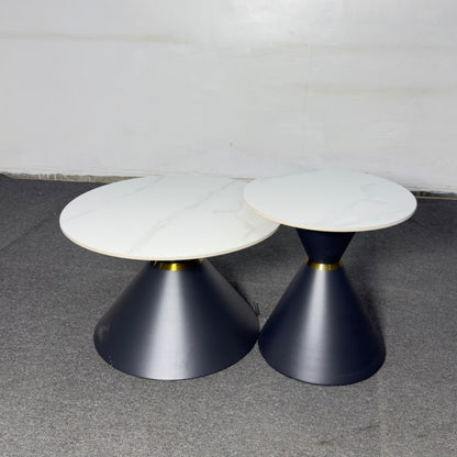 Round Nesting Coffee Table Set with White Marble Top  Metal Base