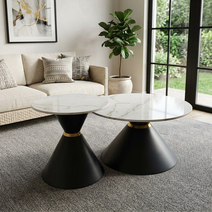 Round Nesting Coffee Table Set with White Marble Top  Metal Base