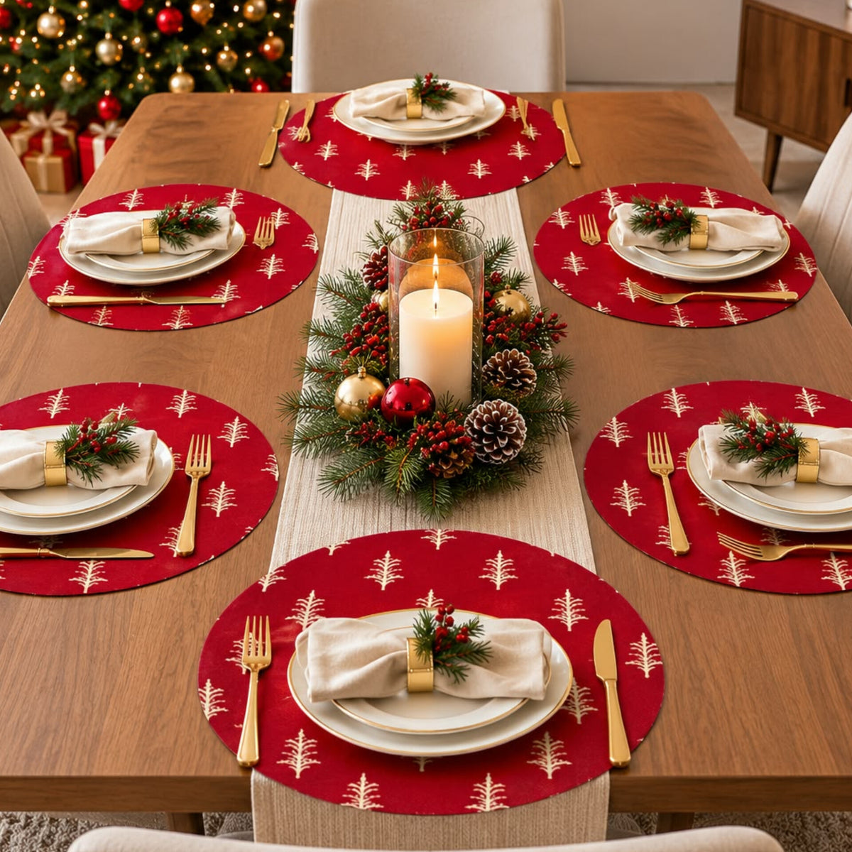 6Pcs White Christmas Tree Round Placemats